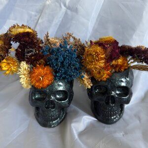 2 Iridescent Resin Skull Planter Pots + Dried Flowers Decorative Epoxy Pot